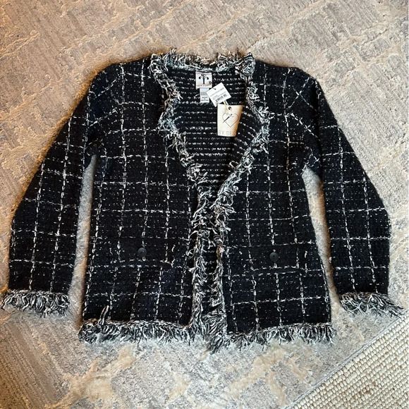 RAIN + ROSE TWEED JACKET TWO TOP EYELET CLOSURE WOMENS SIZE XL BLACK WHITE NEW - Picture 3 of 8